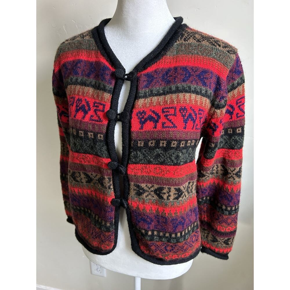 Handmade Peru Alpaca Cardigan Sweater Womens S Fair Isle Llama boho Wool
